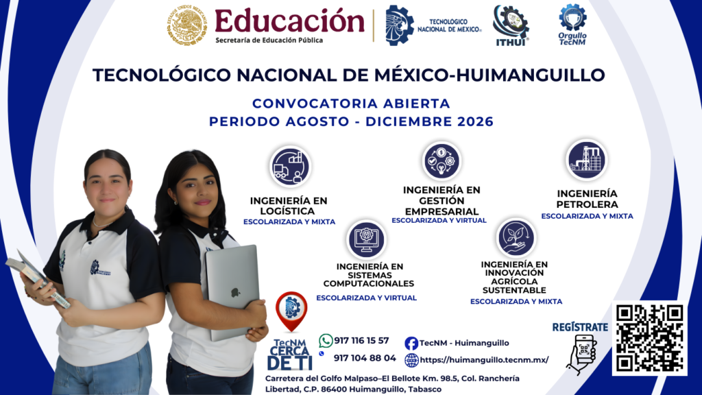 Forma parte de la Comunidad Tecnológica del TecNM - Huimanguillo
Conoce nuestra oferta educativa y elige la modalidad que mejor se adapte a tus metas profesionales.